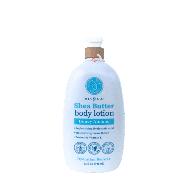 MIA and CO shea butter body lotion honey almond hydrating moisturizing lotion with hyaluronic acid vitamin E