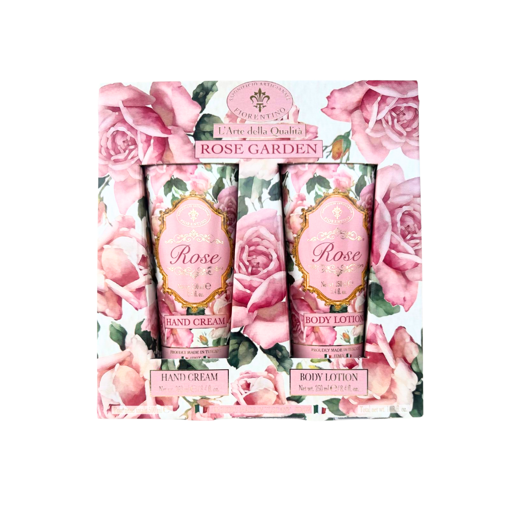 Saponificio Artigianale Fiorentino Italian rose hand cream and body lotion set made in Tuscany Italy