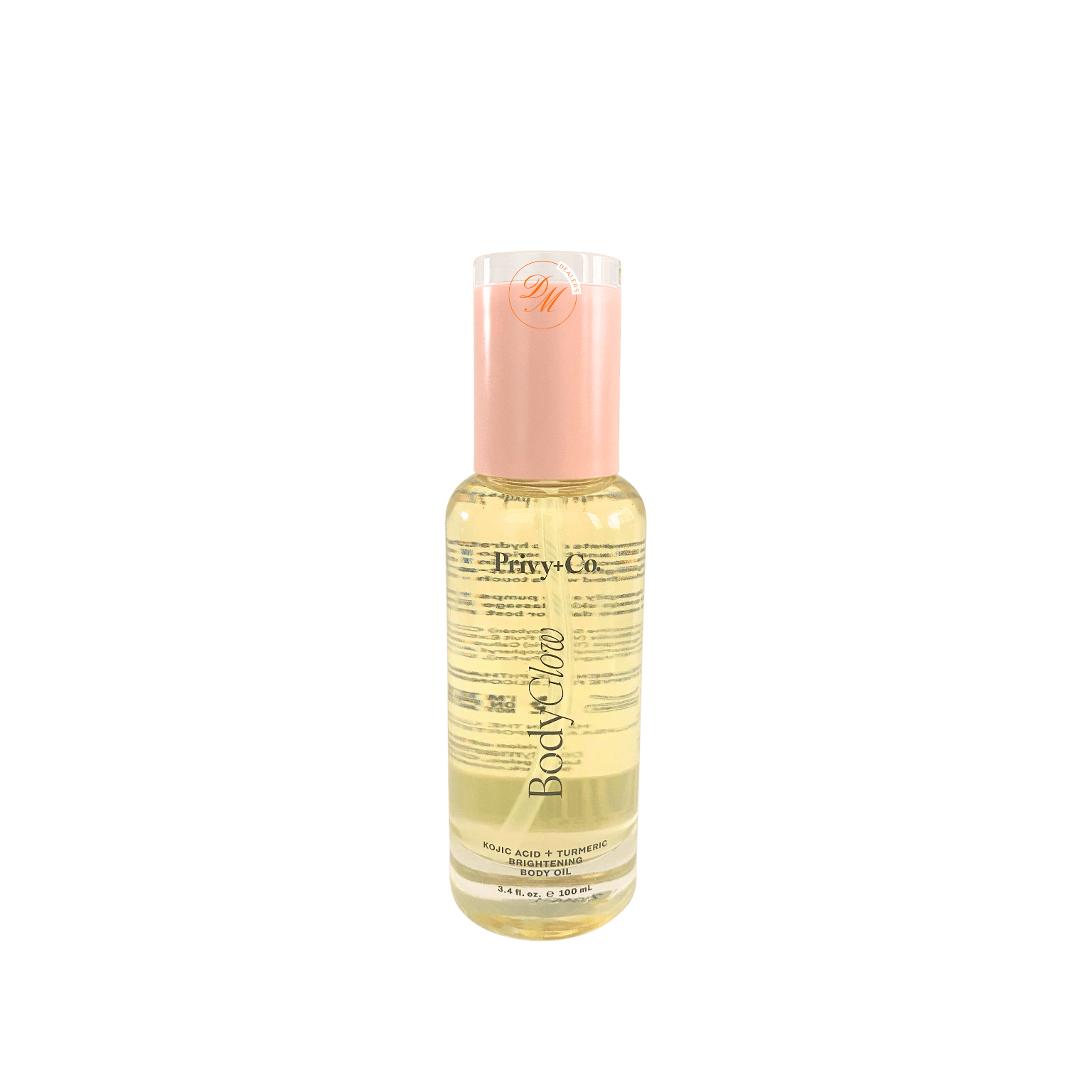 Privy+Co. Body Glow Kojic Acid and Turmeric Brightening Body Oil with Vitamin E and hyaluronic acid for hydrated glowing skin.