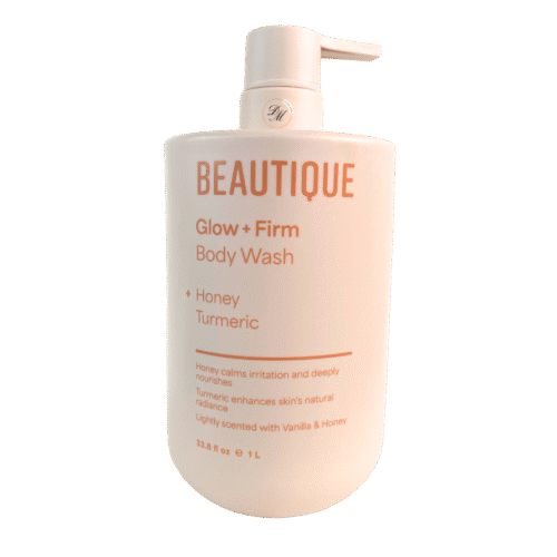BEAUTIQUE Glow + Firm Body Wash with turmeric, honey, and a light vanilla scent for hydrated, soft, radiant-looking skin.