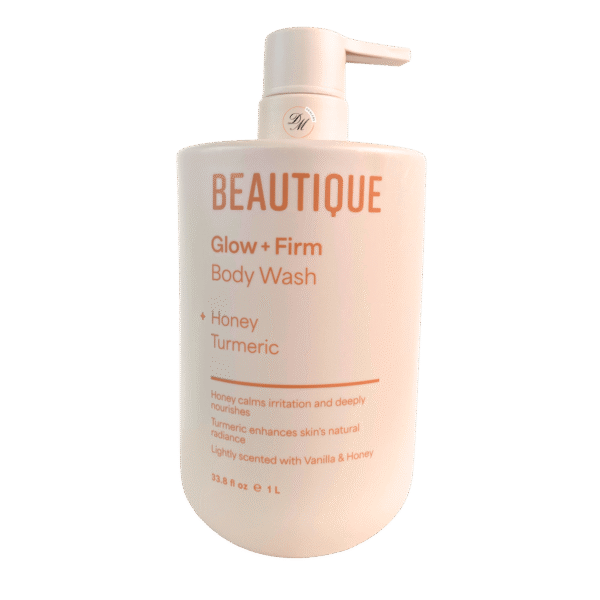 Beautique Honey + Turmeric body Wash website BEAUTIQUE Glow + Firm Body Wash with turmeric, honey, and a light vanilla scent for hydrated, soft, radiant-looking skin.